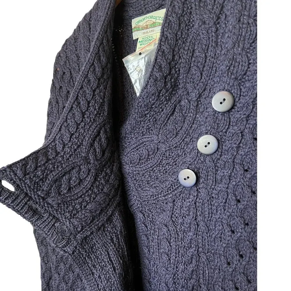 Aran Crafts 100% Merino Wool Cable Knit Coatigan in Navy Blue Women’s Large